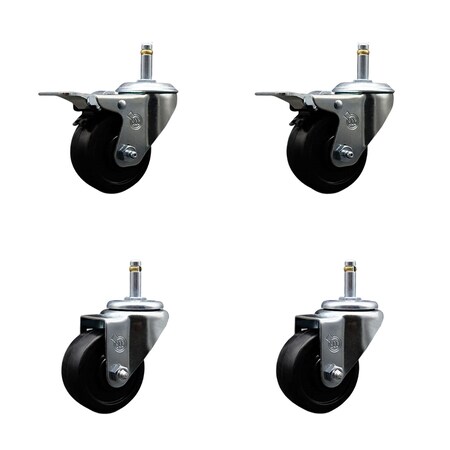 Service Caster 3'' Soft Rubber Wheel Swivel 7/16'' Stem Caster Set 2 Total Lock Brake, 4PK SCC-GRTTL20S314-SRS-716138-2-S-2